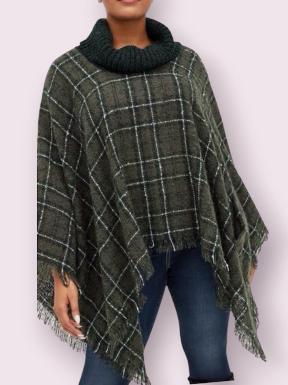 Torrid Plaid Fuzzy Knit Poncho Cowl Neck Olive Green Plaid One Size Plus Size